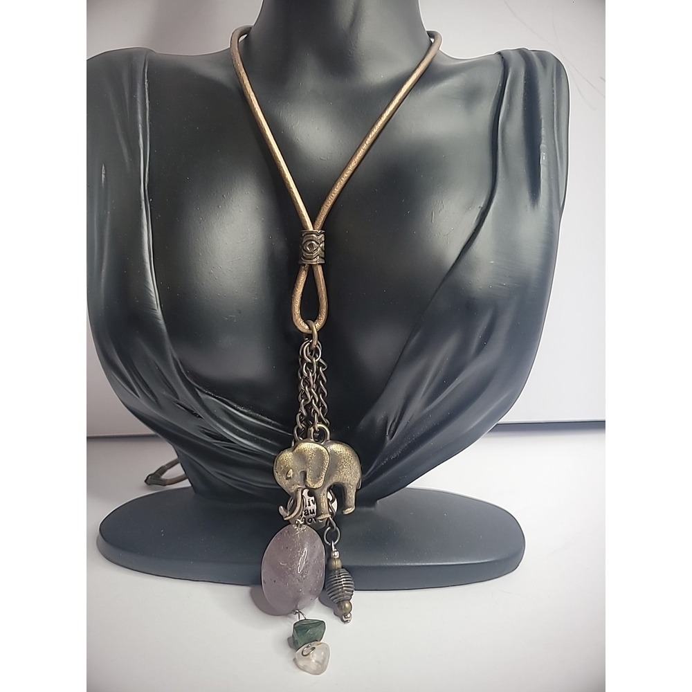 Vintage Necklace Bronze Elephant Charm Purple Stone Beaded Jewelry Costume